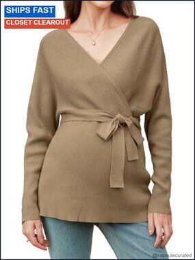 Soft Cotton Blend Maternity Sweater Wrap V Neck Long Sleeve Belted